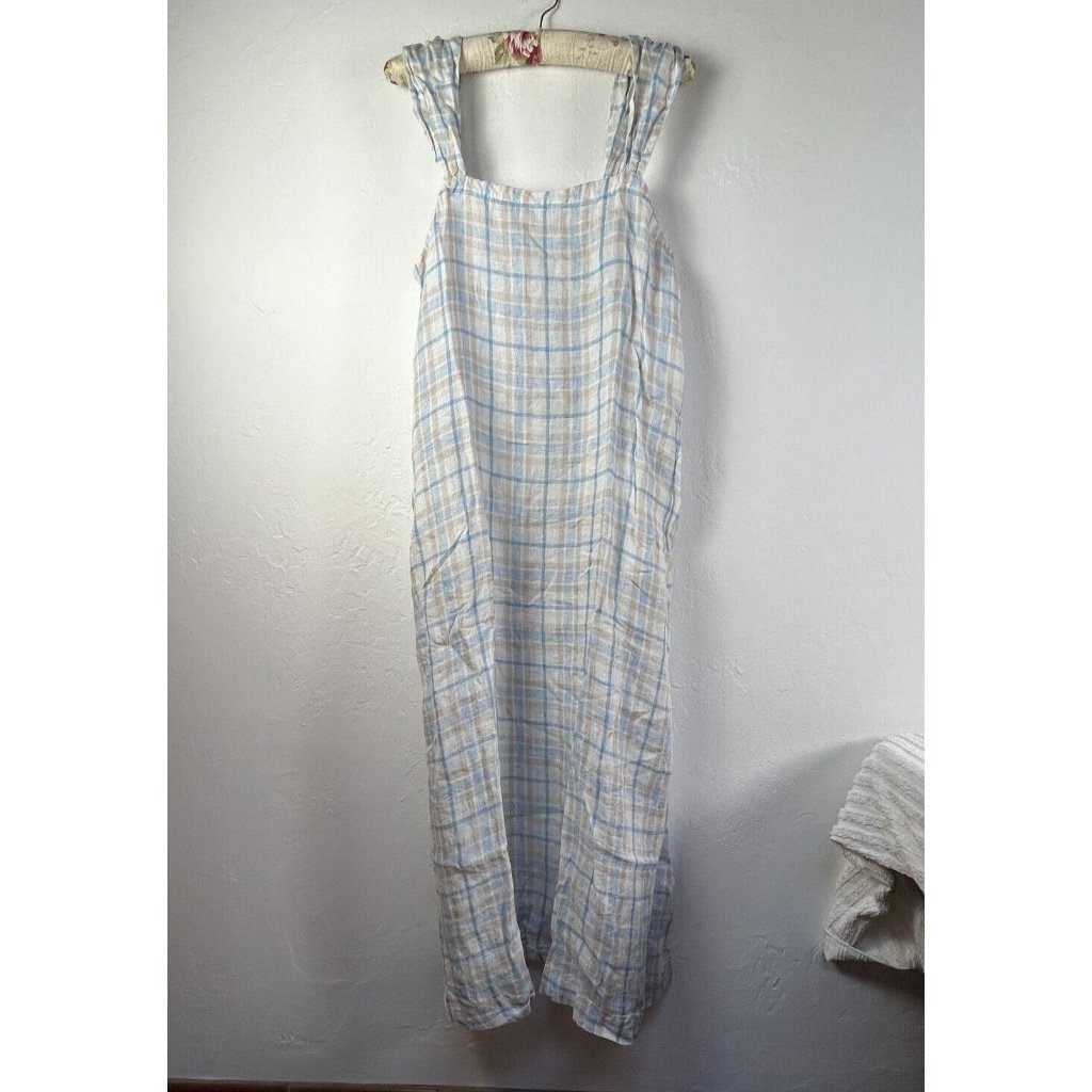 Cp Shades Women's Angie Sundress Midi Dress Blue Plaid Linen Large Nwot 4889-228